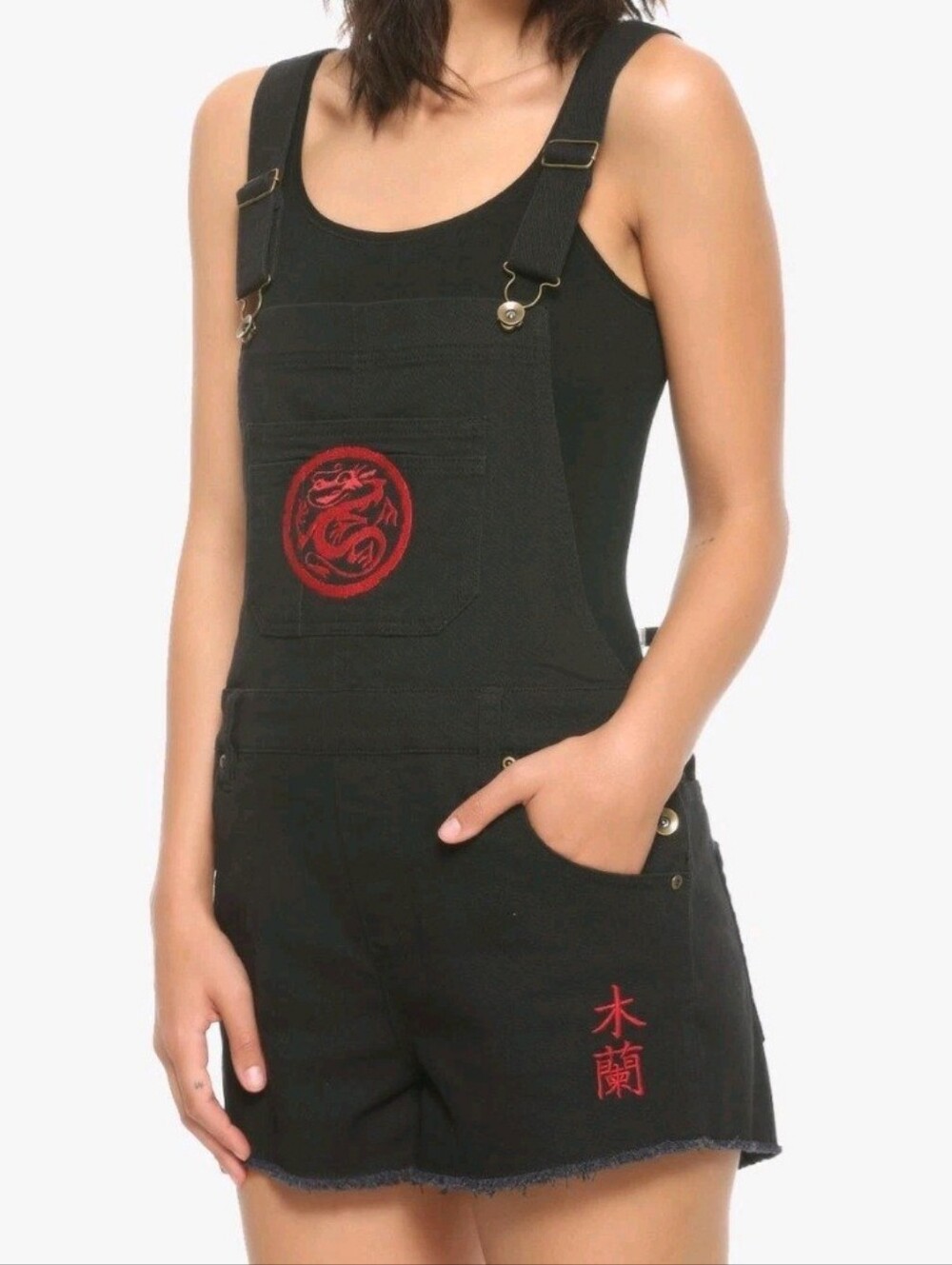Disney Mulan Embroidered Black Bib Pocket Shortall/Overalls Mushu Cri-Kee, NWT S